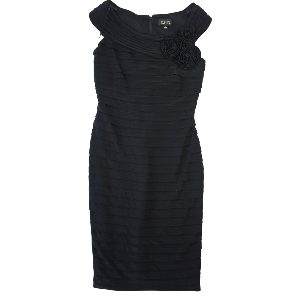 Adrianna‎ Papell Black Tiered Ribbon Rosette Portrait Neck Cocktail Dress Size 8